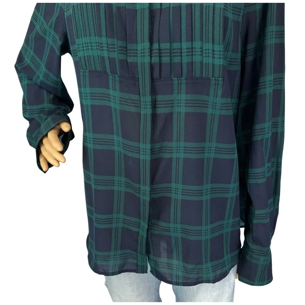 J. Crew Drapey Tuxedo Bib Blouse in Navy Green Plaid E5598 Size XL